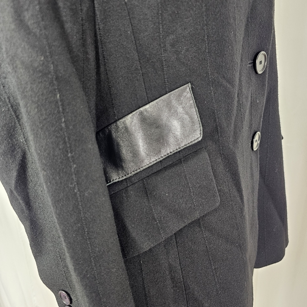Akris Punto black wool military jacket blazer leather trim mono pinstripe 8 - Picture 5 of 12